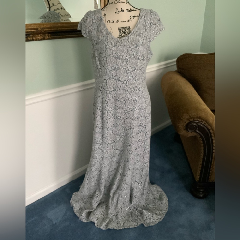 Alex Evenings lace and sequin jeweled petite evening gown.